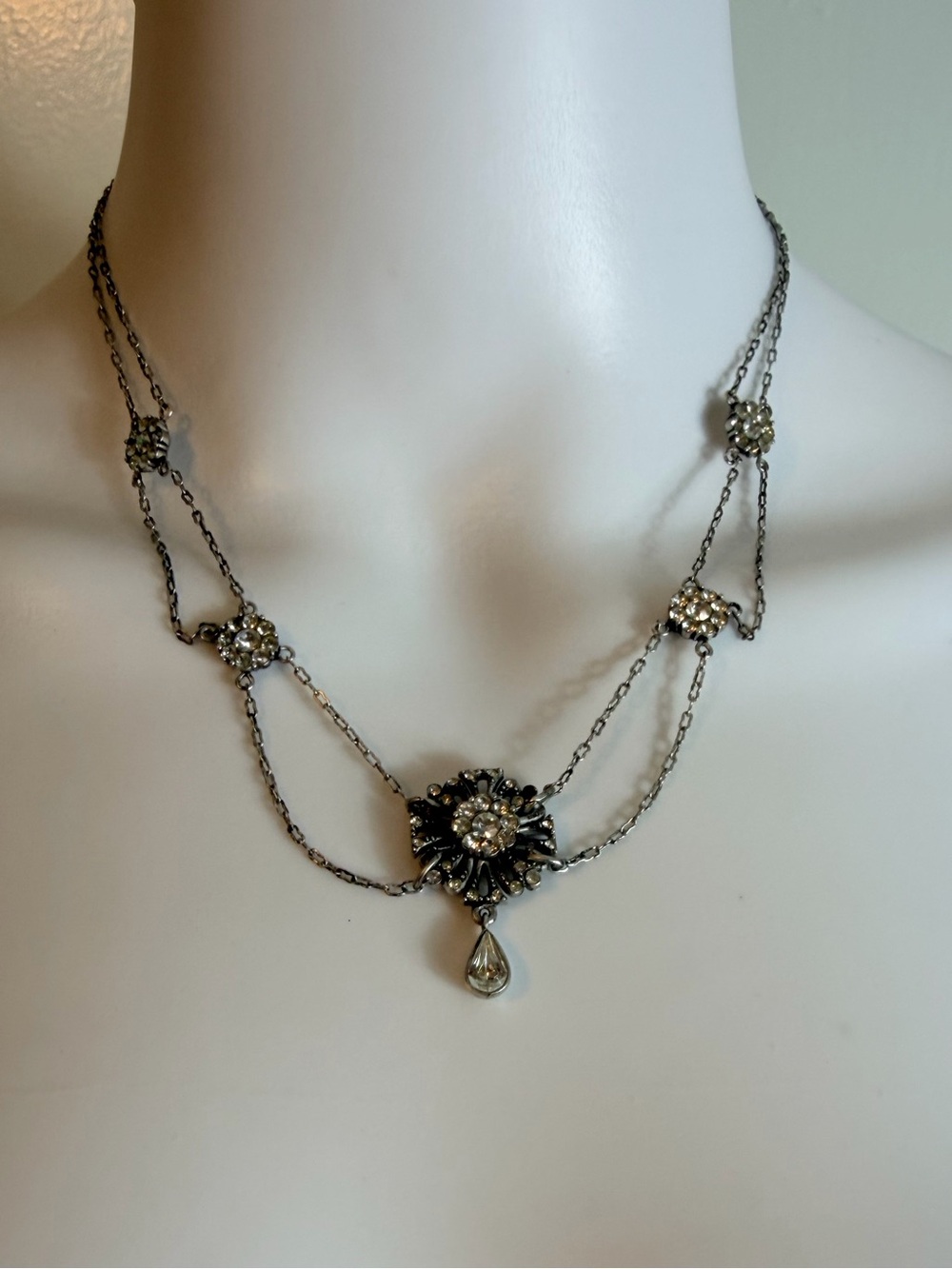 Silver Tone Crystal Floral Statement Necklace & Earrings Set